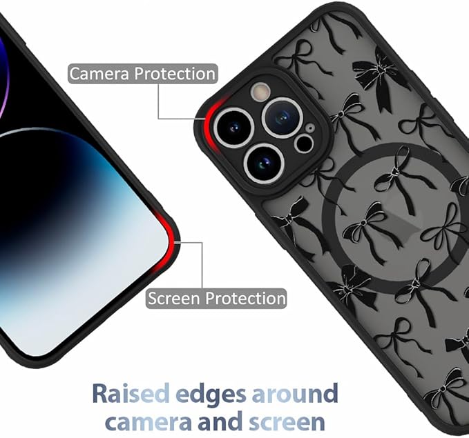 AIGOMARA Case for iPhone 15 Pro [Compatible with MagSafe] Black Ribbon Bow Pattern Design Soft TPU Bumper Hard PC Back Anti-Fall Shockproof Protective Slim Magnetic Cover for Women Girls