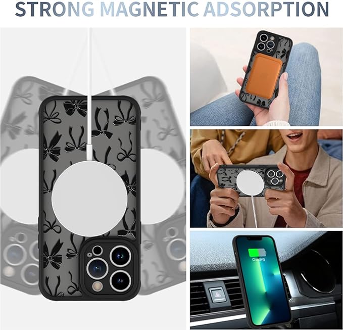 AIGOMARA Case for iPhone 13 Pro [Compatible with MagSafe] Black Ribbon Bow Pattern Design Soft TPU Bumper Hard PC Back Anti-Fall Shockproof Protective Slim Magnetic Cover for Women Girls