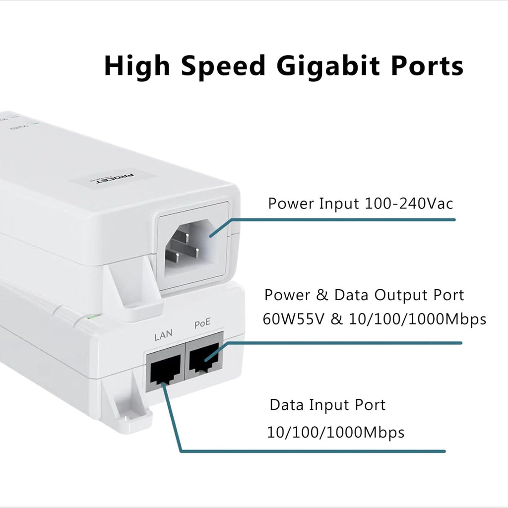 Gigabit PoE++ Injector 60W IEEE802.3bt/at/af Compliant, Supplies 15.4W or 30W or 60W Power Over Ethernet Distances Up to 328ft, PoE Injector Adapter for Camera/Access Point, EN60GB