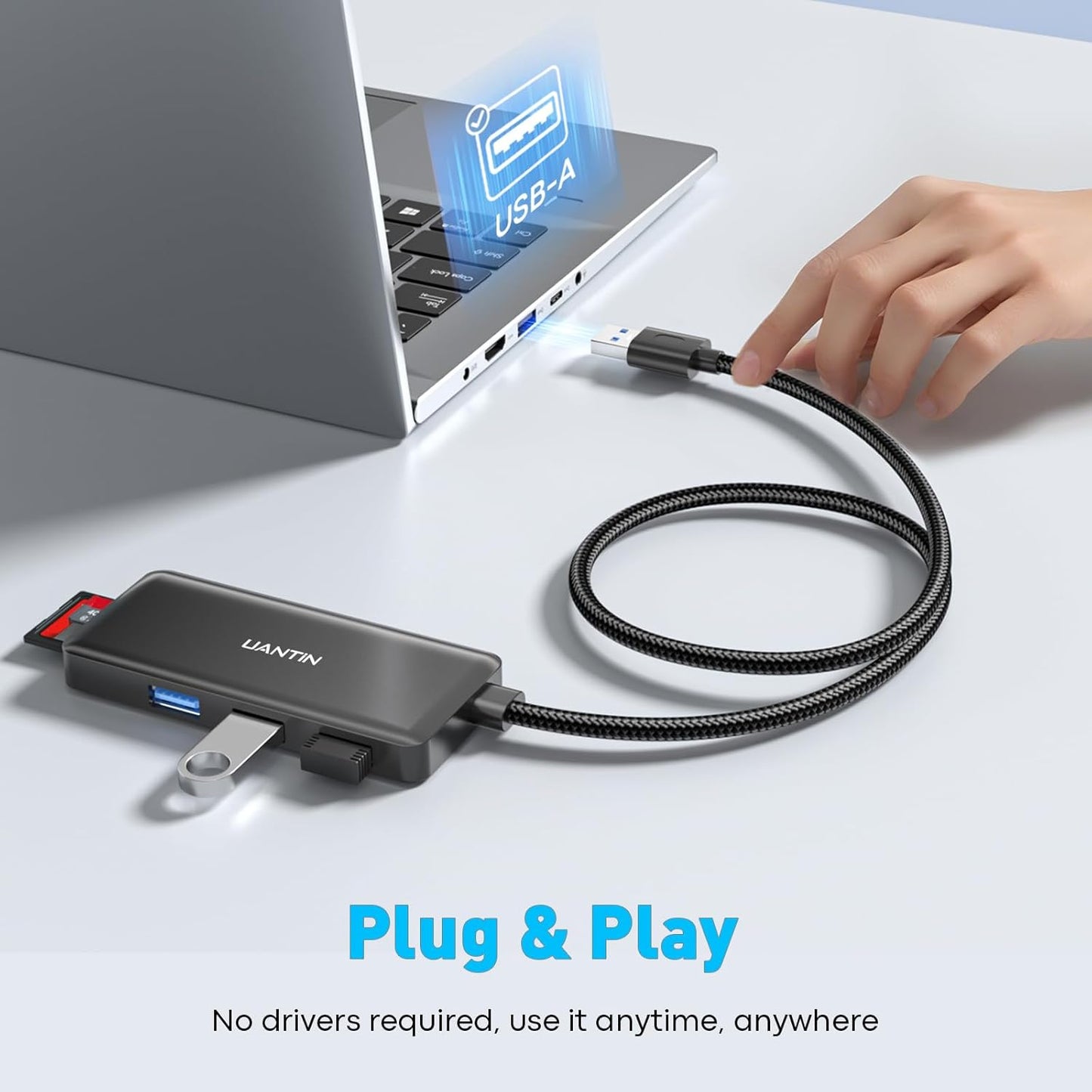 USB Hub for Laptop | 3-Port USBA 3.0 Splitter with SD/TF Card Reader (Charging Not Supported), 2FT Braided Nylon Cable, Multi-Port USB Dock Extender for PC, MacBook, Mac mini, Surface, Desktop