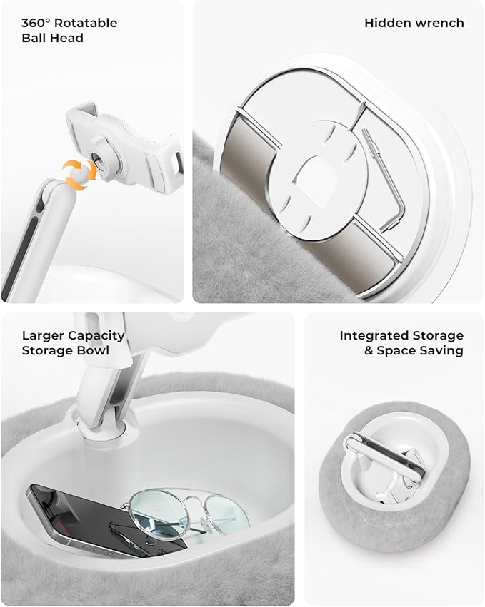 Kindle Pillow Stand – Soft Grey Fuzzy Tablet Holder with Storage Bowl, Hands-Free Lap Stand for Bed, Couch – Compatible with Kindle, iPad, Phones & E-Readers (Gray)