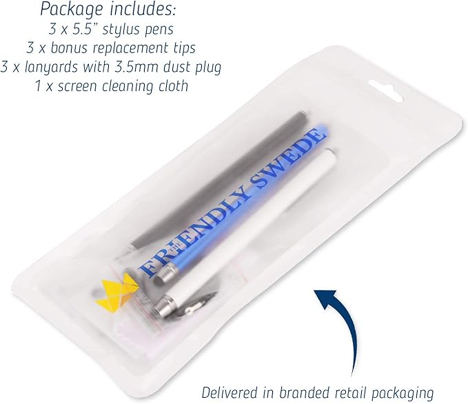 The Friendly Swede Stylus Pen for Touchscreen — 3-Pack 5.5" High Precision Stylus Pen with Replaceable Thin Tips, Elastic Lanyards & Screen Cleaning Cloth - Aqua Blue/Dark Blue/Purple