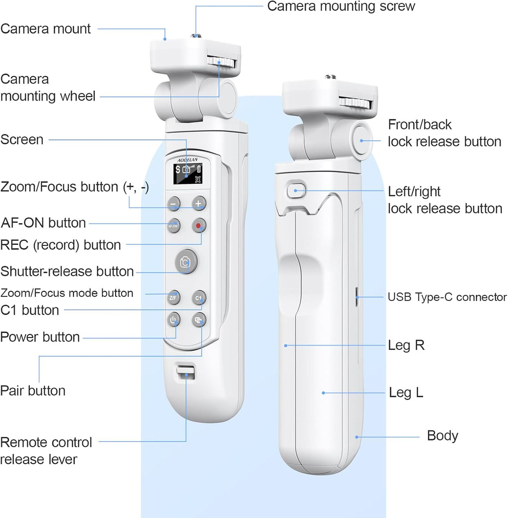 AODELAN for Sony Camera Tripod with Rechargeable Wireless Shutter Release,Shooting Grip Remote Control Handle for ZV-E10,ZV-1F,ZV-1,A7C,A7III,A7R IV,A6100,A6400,A6700,FX30,A9 II,DSC-RX0 II(White)