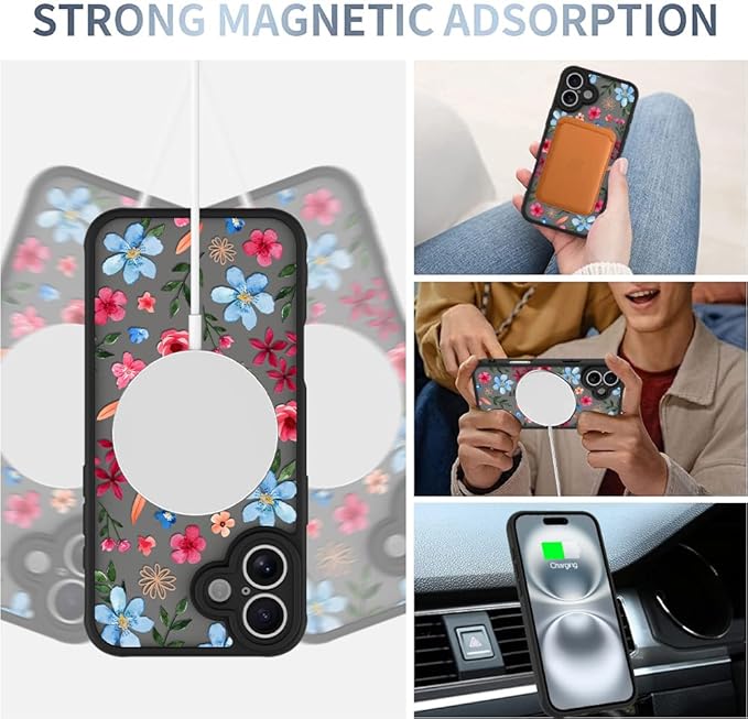 AIGOMARA Magnetic Case for iPhone 16 Plus [Compatible with MagSafe] Cute Pink Blue Flower Floral Pattern Soft TPU Bumper Hard PC Back Anti-Fall Shockproof Protective Slim Cover for Women Girls