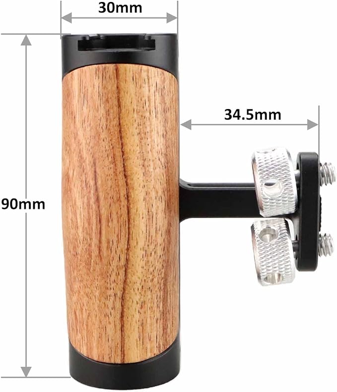 Side Handle Wooden Handgrip with Two 1/4"-20 Screws for DSLR Camera Vlog Camera Cage, Portable Mini Handle for Left/Right Hand with Cold Shoe 1/4" 3/8" ARRI Thread, Up and Down Adjustable