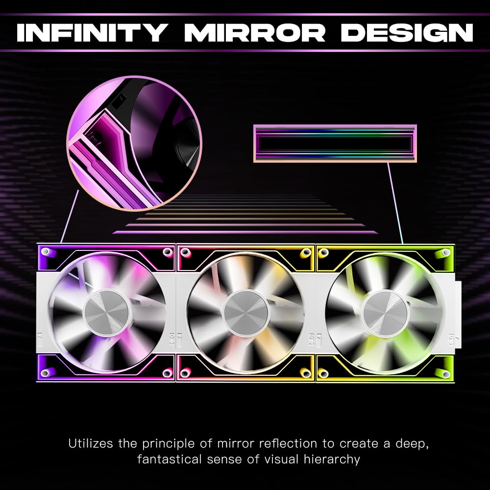 Jungle Leopard Interstellar V3 120mm PC Case Fan Infinity Mirror Module Daisy-Chain 120mm RGB PWM Fan Triple Pack Suitable for Computer Case & 360mm AIO Cooler(White-3Pack
