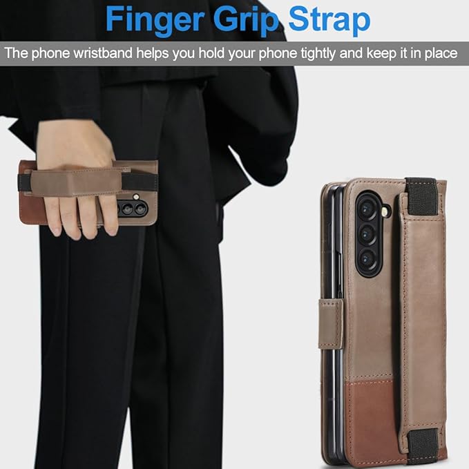 KEZiHOME for Samsung Galaxy Z Fold 6 Case, Genuine Leather Wallet Case [RFID Blocking] with Card Slots Stand Flip Protective Phone Cover Compatible with Galaxy Z Fold6 5G (Gray/Brown)