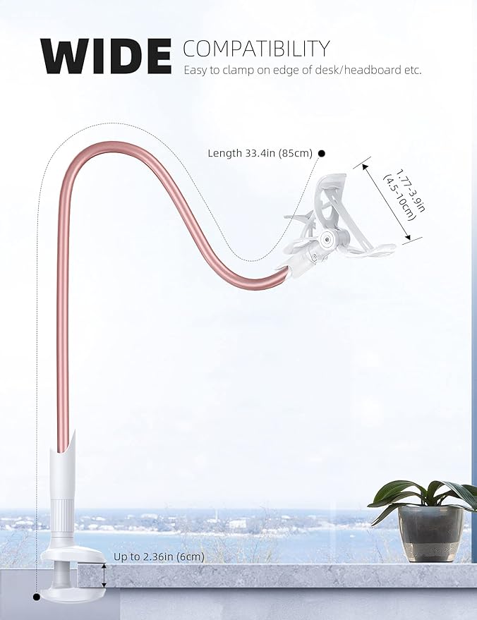 Lamicall Phone Holder Bed Gooseneck Mount - Cell Phone Clamp Clip for Desk, Flexible Lazy Long Arm Headboard Bedside, Overhead Mount Stand, for 4-7" Phone, iPhone 15 Pro Max, 14 Plus, 13, Rose Gold