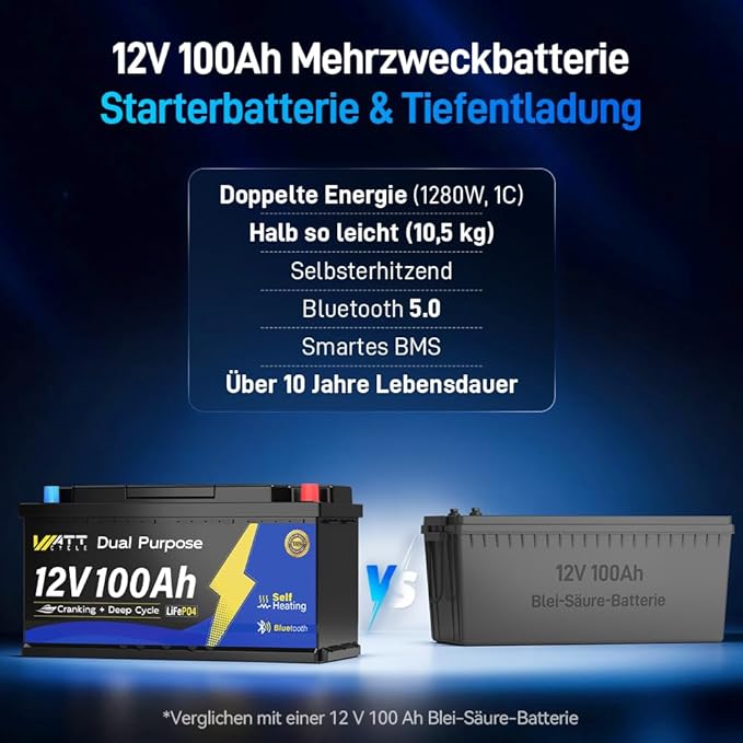 12V 100Ah Dual Purpose Marine Cranking LiFePO4 Lithium Battery Bluetooth 1200CCA / 1500MCA, Starting Lithium Batterys with Self-Heating, Built-in 200A BMS, Perfect for Trolling Motor, Boat