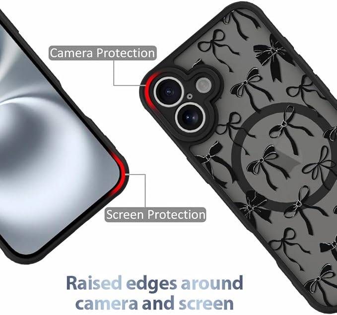 AIGOMARA Case for iPhone 16 Plus [Compatible with MagSafe] Black Ribbon Bow Pattern Design Soft TPU Bumper Hard PC Back Anti-Fall Shockproof Protective Slim Magnetic Cover for Women Girls