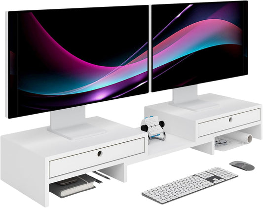 LAPTAIN Monitor Stand with 2 Drawers, Dual Monitor Stand Riser with Adjustable Length and Angle, Desktop Organizer Stand for Laptop/PC/Computer, No Assembly Required, Solid Wood