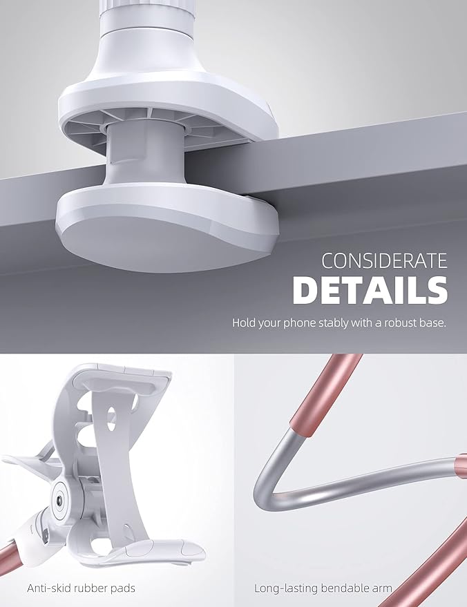 Lamicall Phone Holder Bed Gooseneck Mount - Cell Phone Clamp Clip for Desk, Flexible Lazy Long Arm Headboard Bedside, Overhead Mount Stand, for 4-7" Phone, iPhone 15 Pro Max, 14 Plus, 13, Rose Gold