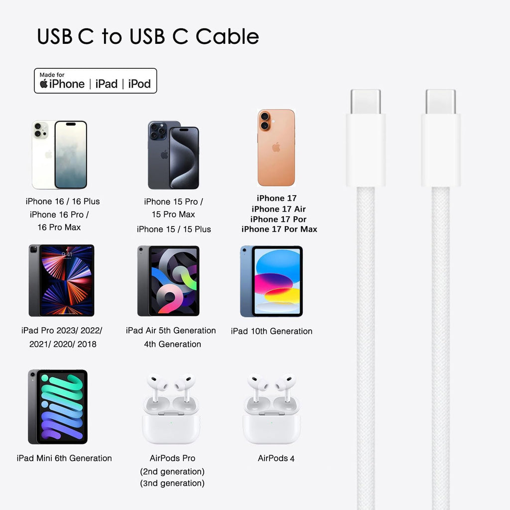 6FT iPhone 17/16/15 USB C to USB C Cable for iPhone 16E,17Air, 17 16 15 Pro Max, 15/16 Plus Woven Cable, AirPods 4/ AirPods Pro (2nd/3rd Gen), iPad 10th Gen iPad Pro iPad Air 5th 4th Charger Cable