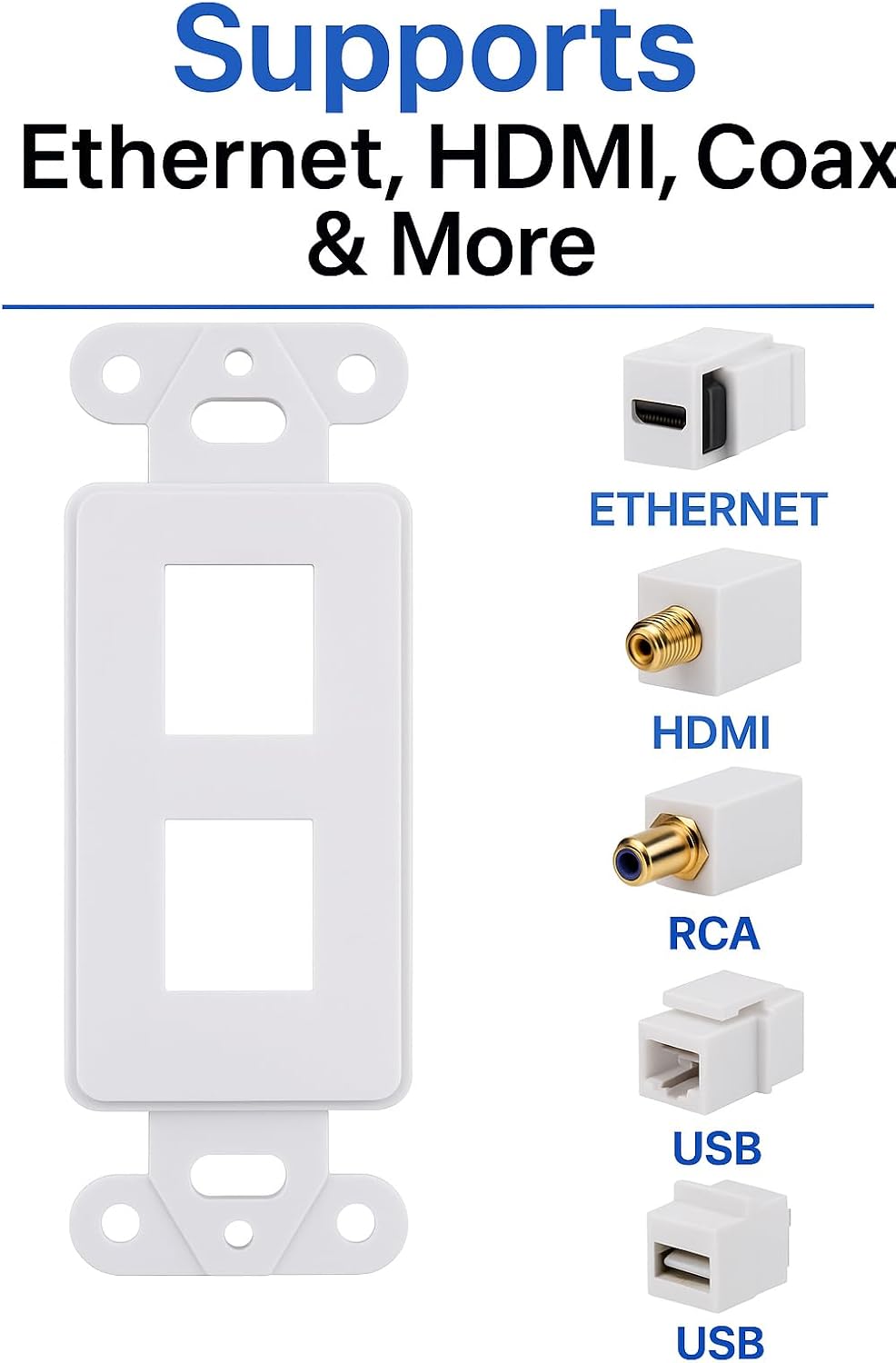 10 Pack Keystone Wall Plate 2 Port, White Decorator Insert Cover for Ethernet, HDMI, Coax, Cat6 Cat5, RJ45, Home & Office Installations