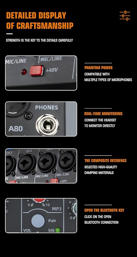 A-Series Professional Mixer for Recording DJ Stage Karaoke Music Application w/USB Drive for Computer Recording Input, XLR Microphone Jack, 48V Power, RCA Output for Professional (10-Channel)