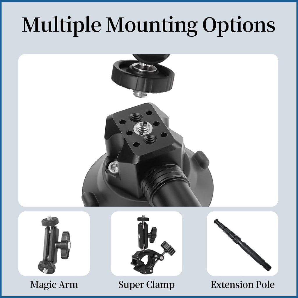 FIFIELD 3inch Suction Cup Camera Mount with Ball Head Magic Arm, 1/4" ARRI Holes, Quick Release Car Mount with Phone Holder & Action Camera Adapter Compatible with DJI OSMO Pocket 3 Insta360 iPhone