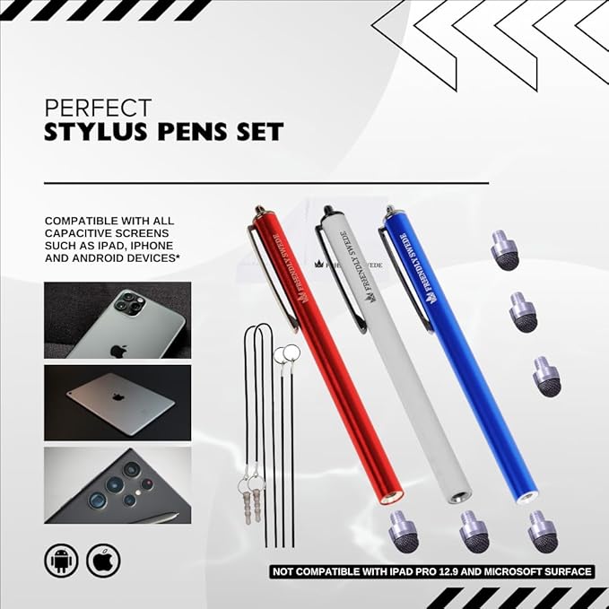 The Friendly Swede Mesh Tip Stylus Pen for Touchscreen — 3-Pack Micro-Knit Capacitive Stylus Pen for iPad & iPhone with 3 Replaceable Fiber Tips, Elastic Lanyards & Screen Cleaning Cloth