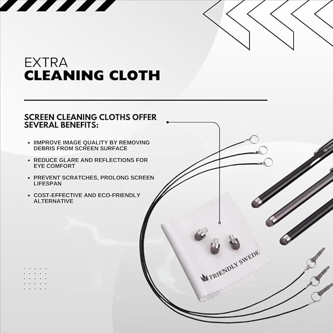 The Friendly Swede Mesh Tip Stylus Pen for Touchscreen — 3-Pack Micro-Knit Capacitive Stylus Pen for iPad & iPhone with 3 Replaceable Fiber Tips, Elastic Lanyards & Screen Cleaning Cloth