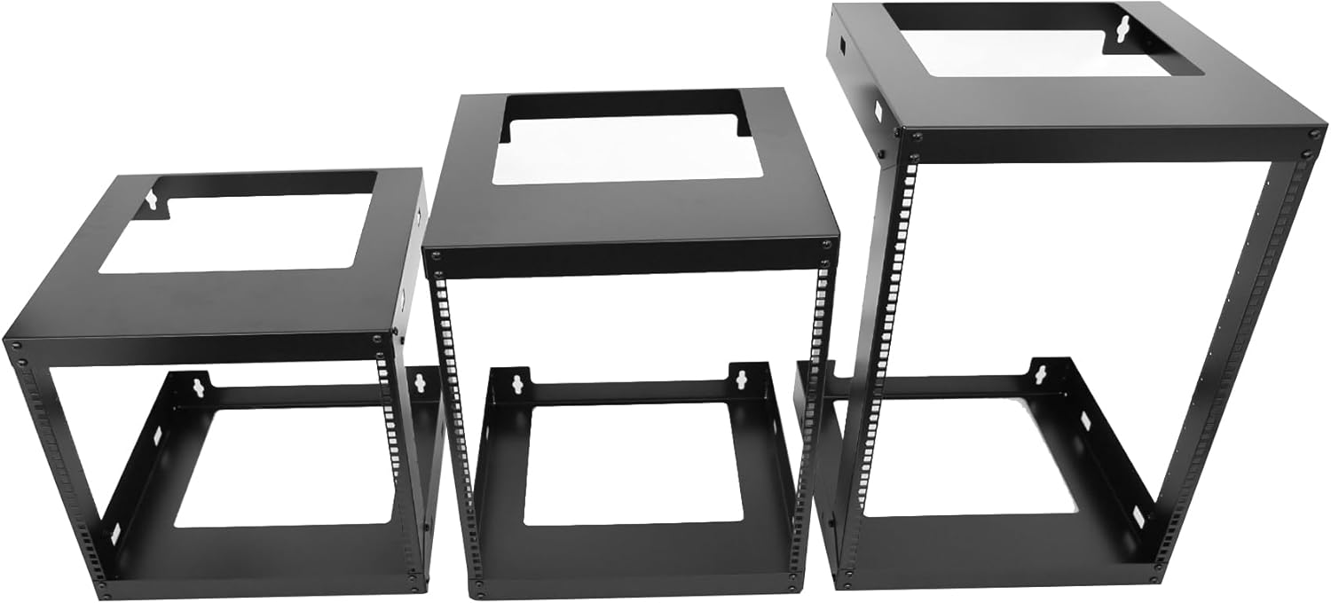 9U Wall Mount Open Frame 19 Inch Server Equipment Rack Wall Mountable Heavy Duty Design - Holds All Networking & AV Gear - Open Frame Includes 2 1U 12in Vented Shelves & Mounting screws (WALL RACK 9U)