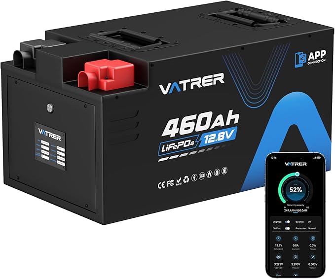 12.8V 460Ah Low Temp Cutoff LiFePO4 RV Battery, APP Monitoring, Built-in 300A BMS, Max. 3840W Load Power, 5880Wh Usable Energy, VATRER POWER 5000+ Cycles Lithium Battery, Perfect for RV, Motorhomes