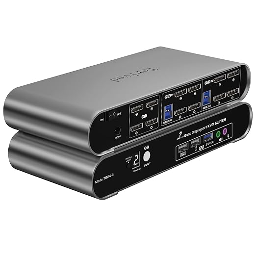 2 Port DP USB 3.0 Automatic KVM Switch Quad Monitor Two Computers Four DisplayPort Monitors, 8K@30Hz 4K@144Hz, Aluminum hotkey Audio Microphone, Digital Display, HDR10 with Cables