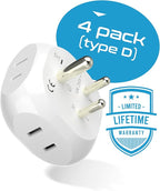 Ceptics India, Pakistan Travel Adapter - 4 Input - Ultra Compact - Light Weight - USA to Any Type D Countries Such as Bangladesh, Maldives and More - 4 Pack (PT-10-4PK)