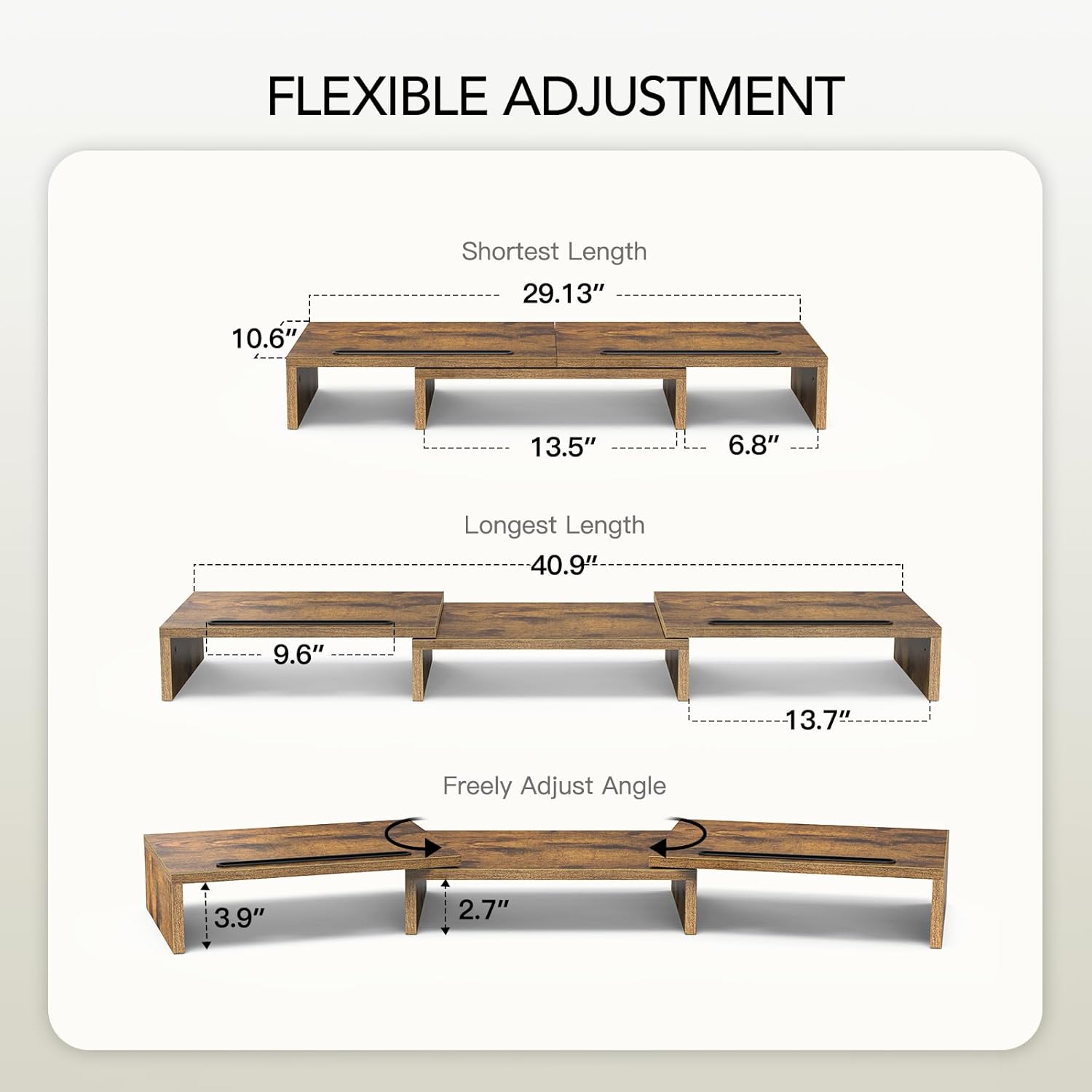AMERIERGO Dual Monitor Stand Riser- 3 Shelf Screen Stand with Adjustable Length and Angle, 2 Extra Functional Slot Desktop Organizer Stand for PC, Computer, Laptop (Rustic Brown)