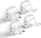 Ceptics Europe Travel Adapter Plug Set Schuko - 4 Input - Ultra Compact - Light Weight Type C, Type G - USA to Any Type C, G Countries UK, Ireland, Germany, France - 4 Pack (PT-9C-7-4PK),White