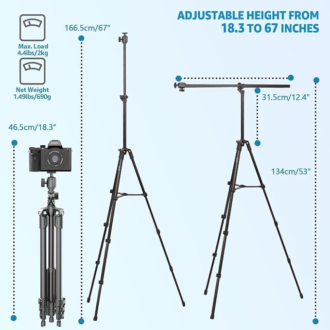 Phone Tripod, Arsoer 67" Adjustable Height Tripod with Horizontal Column and Removable Clip Mount for Overhead Shot, 360° Rotation Stand with Wireless Remote/Carry Bag for iPhone/Webcam