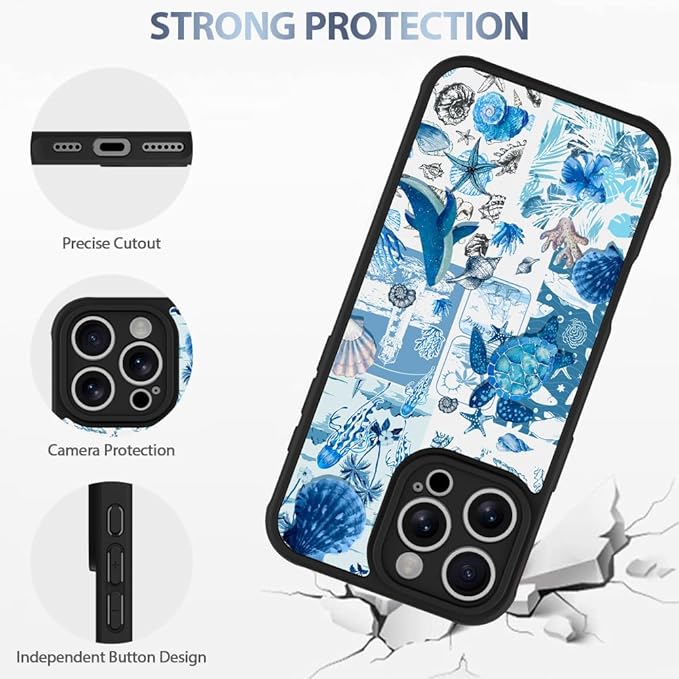 AIGOMARA Case for iPhone 16 Pro [Compatible with MagSafe] Blue Turtle Shell Ocean Collage Pattern Design for Women Girls Men Soft TPU Bumper Hack PC Back Shockproof Protective Slim Magnetic Cover