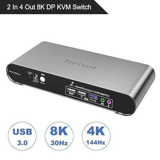 2 Port DP USB 3.0 Automatic KVM Switch Quad Monitor Two Computers Four DisplayPort Monitors, 8K@30Hz 4K@144Hz, Aluminum hotkey Audio Microphone, Digital Display, HDR10 with Cables
