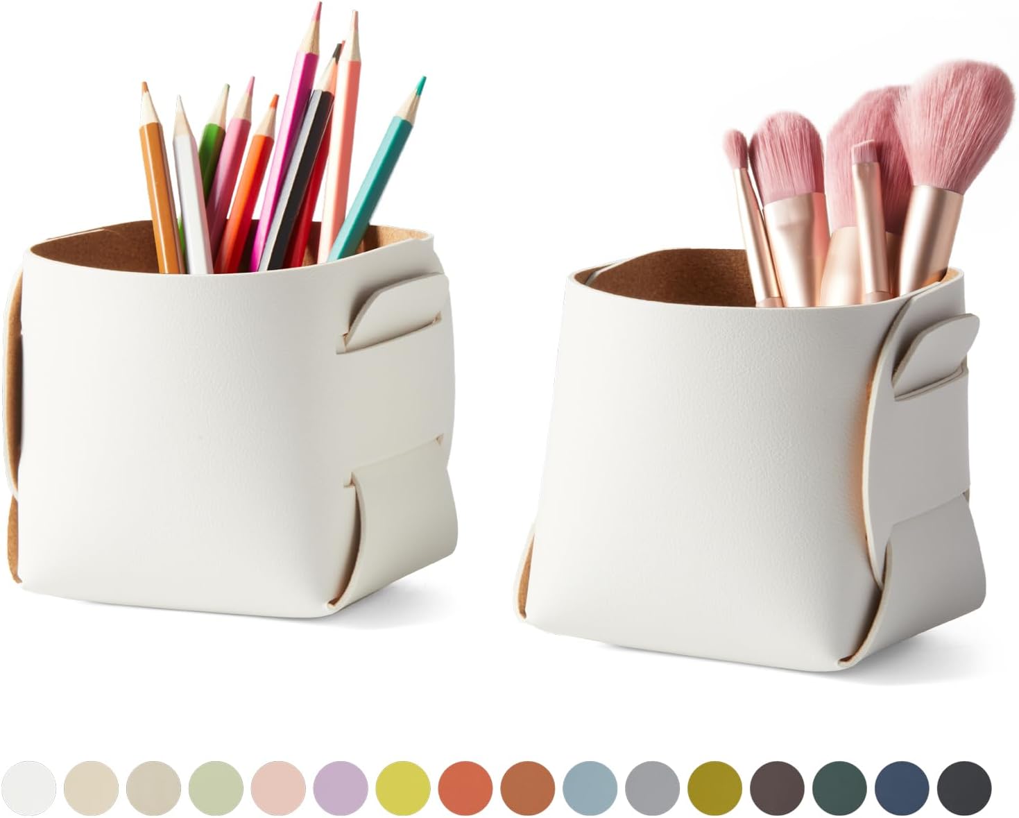 HOMIEAZICOZI 2-Pack Cork Leather Desk Accessories Storage - Pencil Pen Holder - Makeup Brush Holder Organizer - Stylish Addition to Home Decor (White)