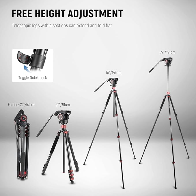 NEEWER 72" Fluid Head Video Tripod Monopod, Aluminum Alloy QR Plate Compatible with DJI RS Gimbal, 360° Pan & +90°/-70° Tilt for DSLR Camera Camcorder, Max Load 13.2lb/6kg, TP72A
