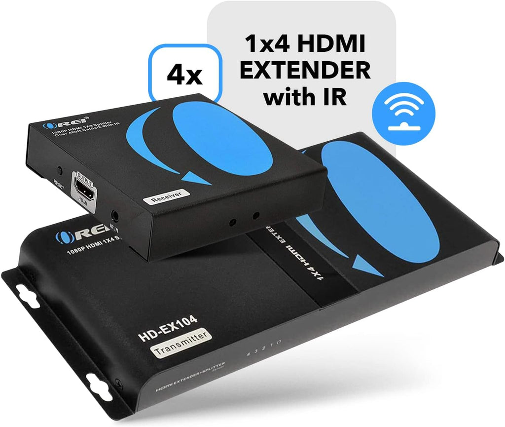 OREI 1x4 HDMI Extender Splitter Over Single Cable CAT6/7 1080P With IR Remote EDID Management - Up to 400 Ft - Loop Out - Low Latency Black