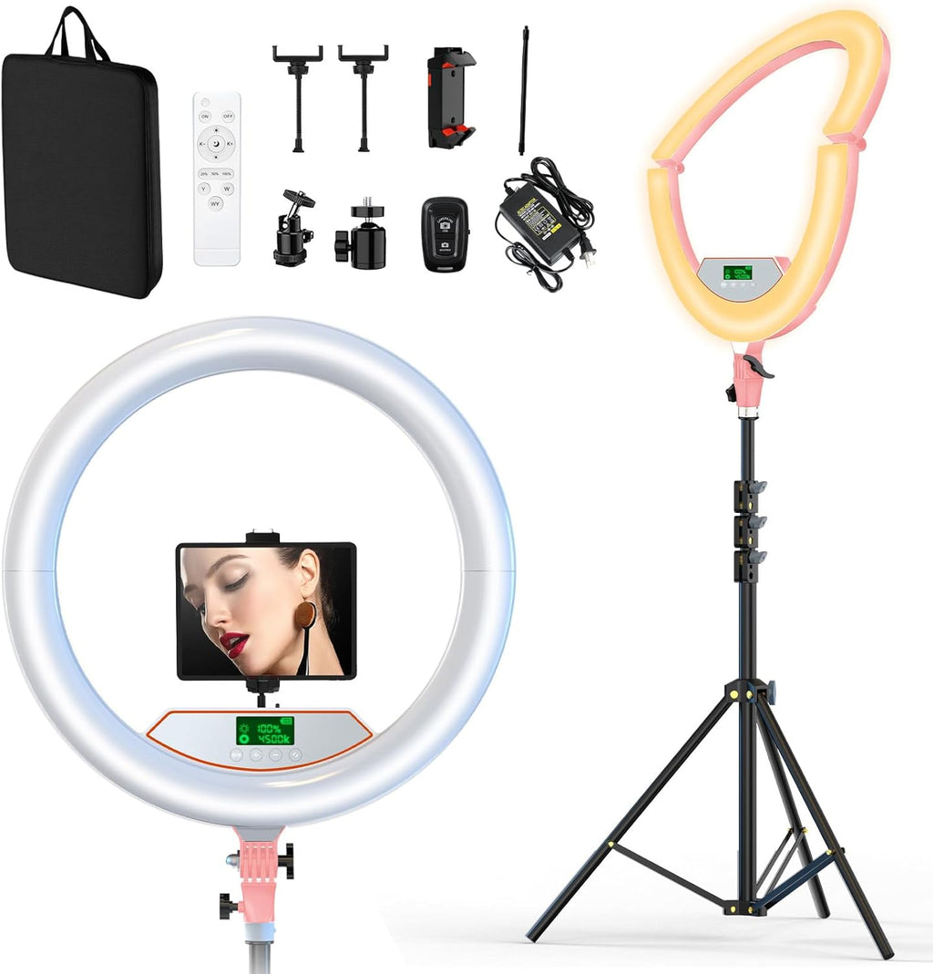 22" Large Ring Light with Stand,Foldable LED Big Ring Light Tripod for iPhone Phone Ipad, 75" Tall Tripod Touch Screen,Wireless Remote for Live Stream,YouTube,TikTok Video Shooting Pink