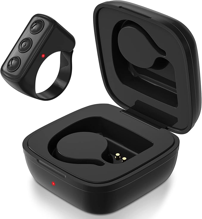 Fingertip Bluetooth Remote Control TIK TOK Wireless Page Turner TYUOBOX Camera Remote Shutter Selfie Button Controller with Charging Case for iPhone Android Ipad Cell Phone (Black)