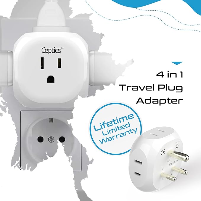 Ceptics India, Pakistan Travel Adapter - 4 Input - Ultra Compact - Light Weight - USA to Any Type D Countries Such as Bangladesh, Maldives and More - 4 Pack (PT-10-4PK)