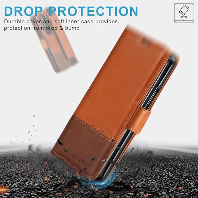 KEZiHOME for Samsung Galaxy Z Fold 6 Case, Genuine Leather Wallet Case [RFID Blocking] with Card Slots Stand Flip Protective Phone Cover Compatible with Galaxy Z Fold 6 5G (Khaki/Brown)