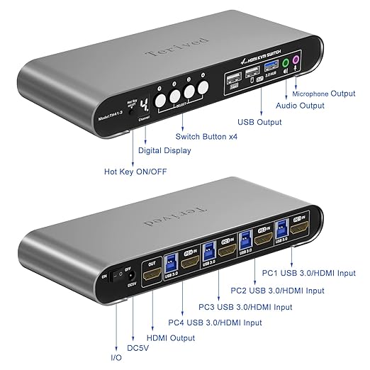 HDMI KVM Switch 4 in 1 Out with Hotkey Mouse Switching, Audio Mic Support, 4K@60Hz, USB 3.0 Hub, Digital Display, Terived Aluminum KVM with Cables Included