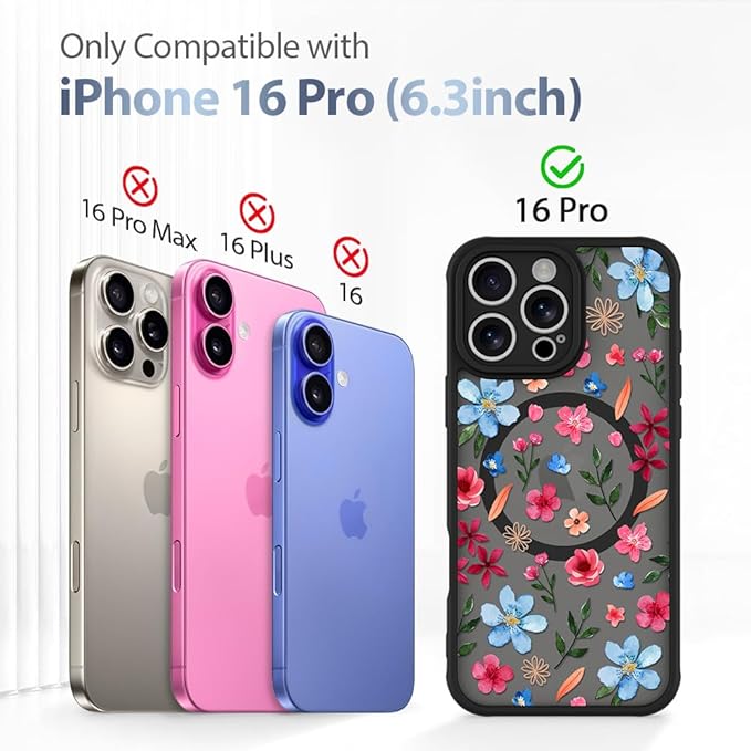 AIGOMARA Magnetic Case for iPhone 16 Pro [Compatible with MagSafe] Cute Pink Blue Flower Floral Pattern Soft TPU Bumper Hard PC Back Anti-Fall Shockproof Protective Slim Cover for Women Girls