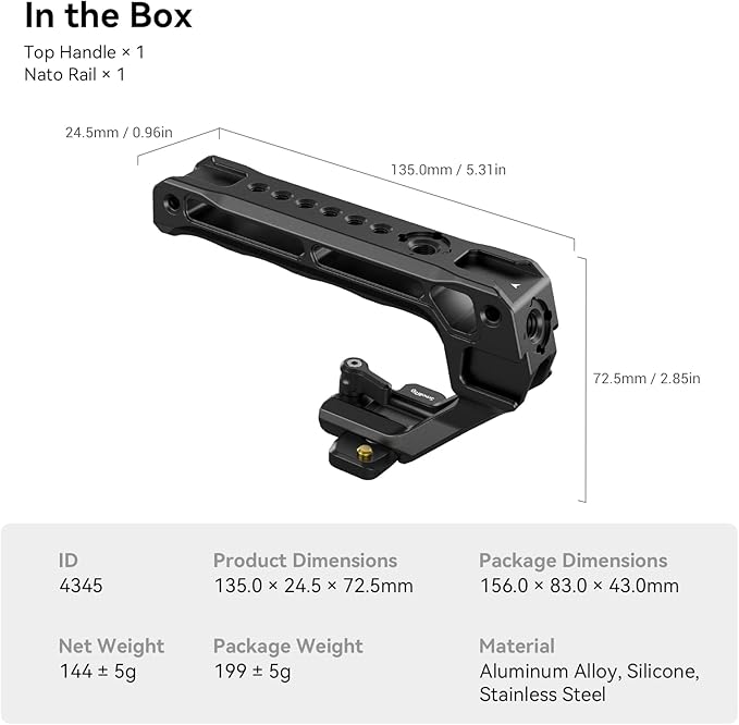 SMALLRIG Lightweight NATO Top Handle, Quick Release NATO Grip w/NATO Rail for DSLR Camera Cage, Universal Top Handle with 5 Cold Shoe Adapters - 4345 Black