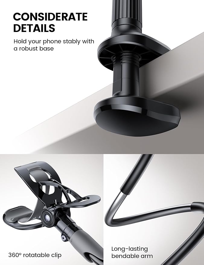 Lamicall Gooseneck Phone Holder for Bed - Cell Phone Mount Clamp Clip, Flexible Long Arm, Overhead Mount for Desk Headboard Bedside, for iPhone 16 Pro Max, 15 Pro Max, 14 Plus, 13 Mini & 4-7" Phone