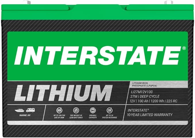 Interstate Batteries 12V 100Ah Group Size 27M Lithium Marine/RV Deep Cycle LiFePO4 Battery, Maintenance Free, Lightweight, Ideal For Boats, RV Camping, Off-Grid, Yachts (Li27M12V100)