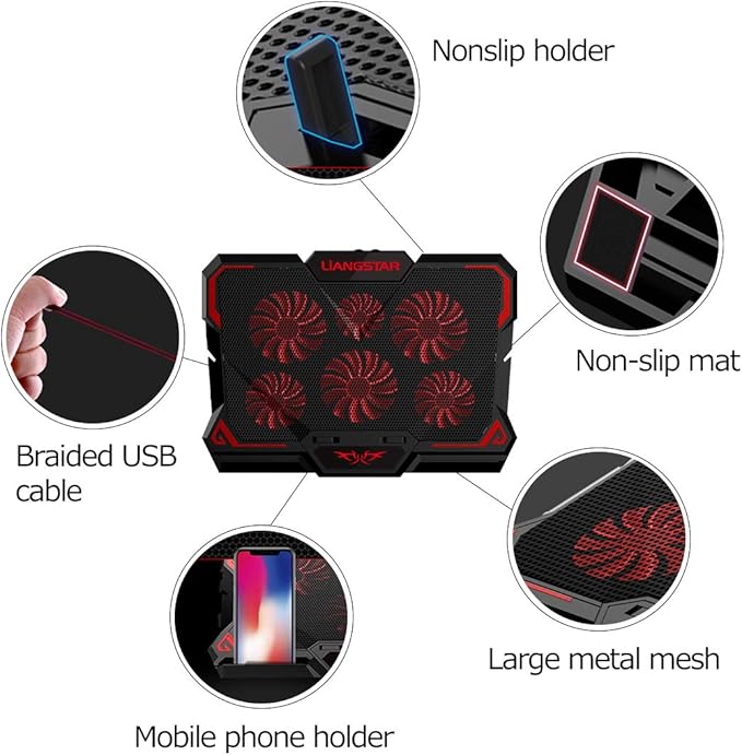 Laptop Cooling Pad, Laptop Cooler with 6 Quiet Led Fans for 15.6-17 Inch Laptop Cooling Fan Stand, Portable Ultra Slim USB Powered Gaming Laptop Cooling Pad, Switch Control Fan Speed Function (Red)