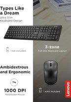 Lenovo 100 Wireless Keyboard and Mouse Combo – Cordless Set with Spill Resistant Quiet Keys – 3-Zone Keyboard - Ambidextrous Mouse – Compact Design – Wireless USB -Black