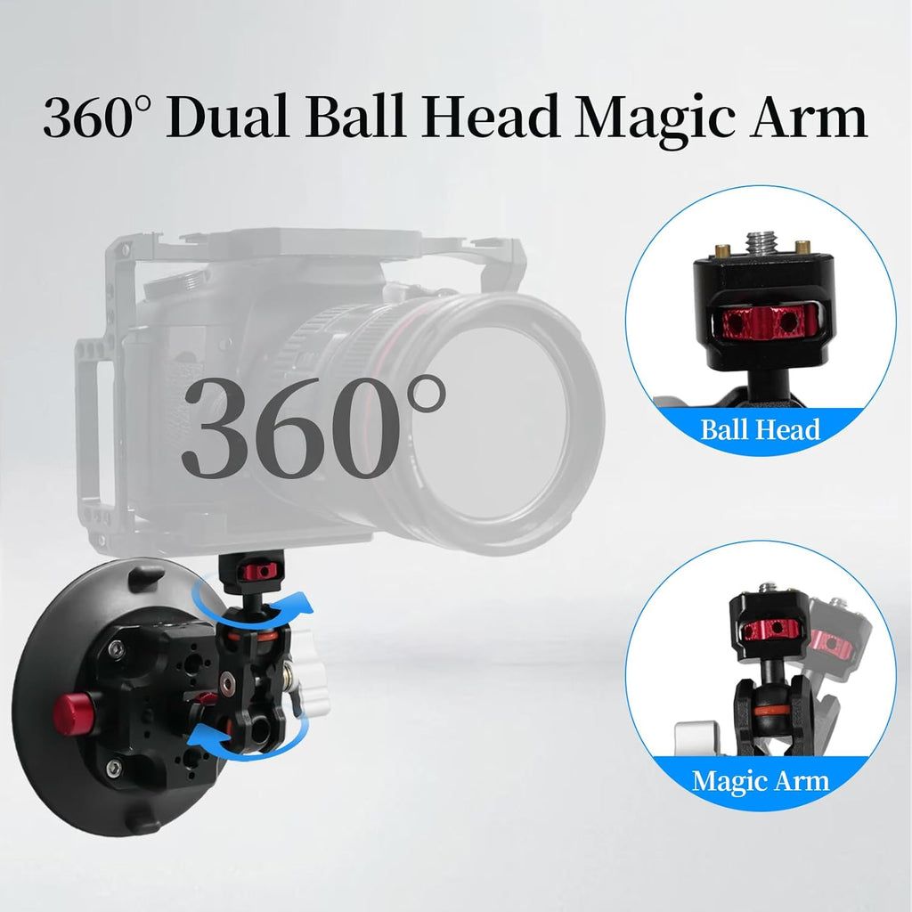 FIFIELD 4.5in Suction Cup Camera Mount with Aluminum Ball Head Magic Arm, 1/4" ARRI Holes, Quick Release Car Mount with Phone Holder & Action Cam Adapter Compatible with DJI Pocket 3 Insta360 iPhone