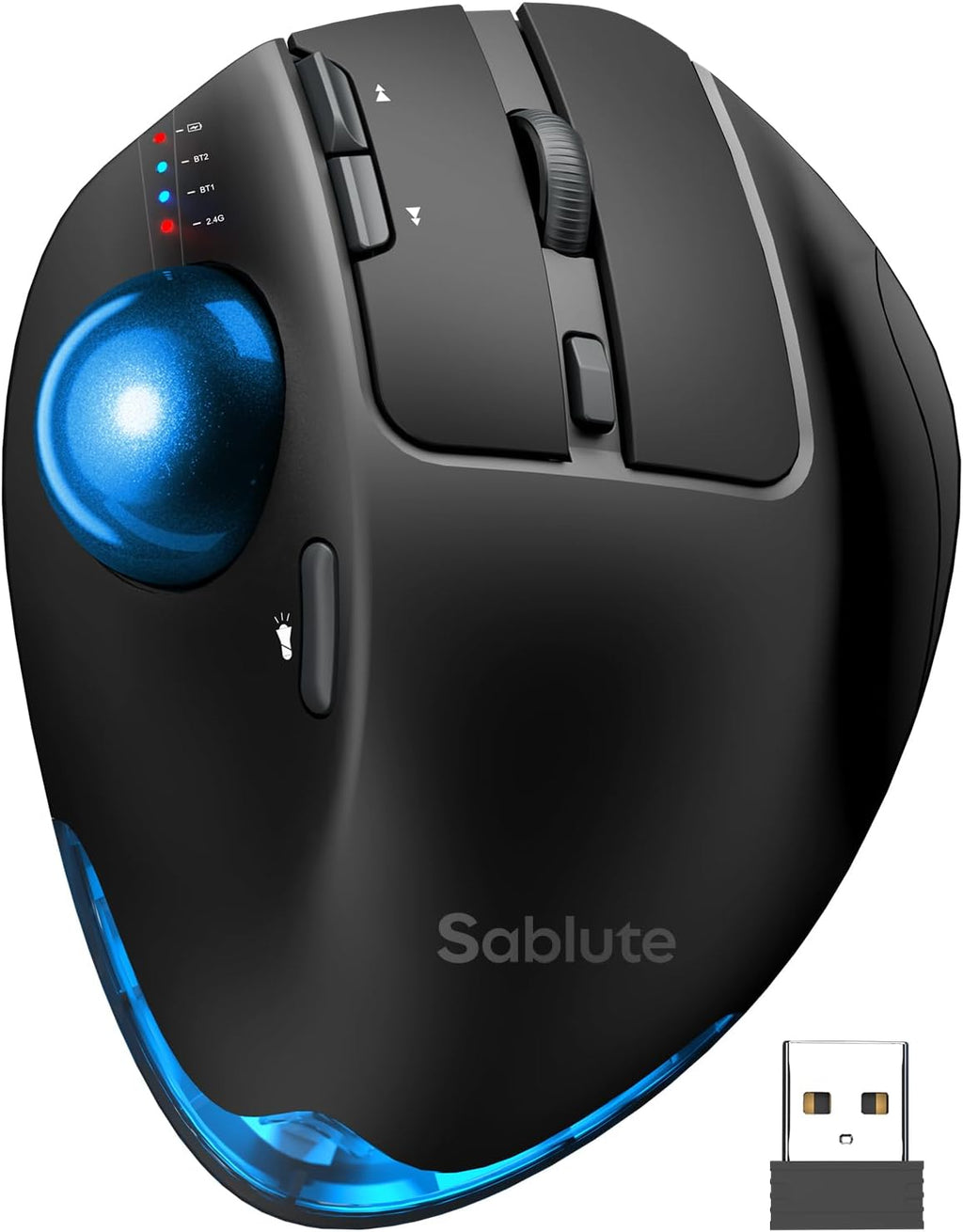 Wireless Trackball Mouse, Ergonomic Bluetooth Rechargeable Computer Mouse, Backlit Rollerball Thumb Laptop mice with 5 Level DPI, Adjustable Angle, 3 Devices Connection for PC, Windows - Blue Ball