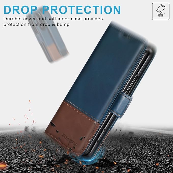 KEZiHOME for Samsung Galaxy Z Fold 6 Case, Genuine Leather Wallet Case [RFID Blocking] with Card Holder Stand Folio Protective Phone Cover Compatible with Galaxy Z Fold6 5G (Royal Blue/Brown)