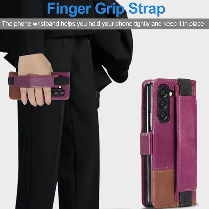 KEZiHOME for Samsung Galaxy Z Fold 6 Case, Genuine Leather Wallet Case [RFID Blocking] with Card Holder Stand Folio Protective Phone Cover Compatible with Galaxy Z Fold 6 5G (Purple/Brown)