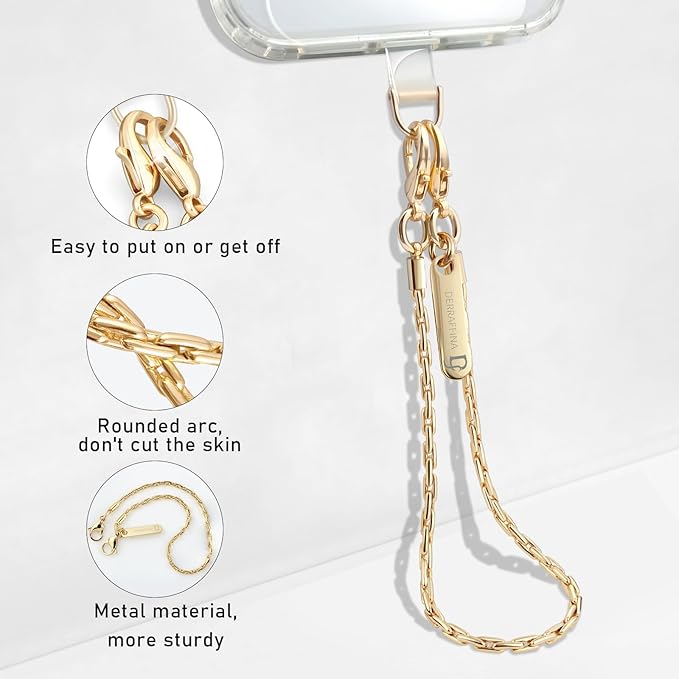 Metal Phone Chain, Crossbody Detachable Phone Lanyard with 1*Wrist Strap & 2* Tether Tabs for iPhone and Smartphones (PaleGold,Extend)
